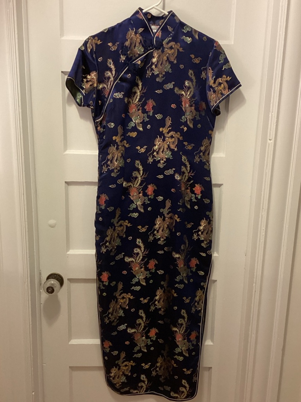 Navy Floral Satin Cheongsam Midi Dress